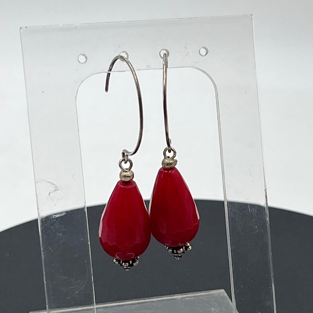 Genuine Red Jadeite‎ Sterling Silver 925 Dangle Earrings Faceted Teardrop 2"